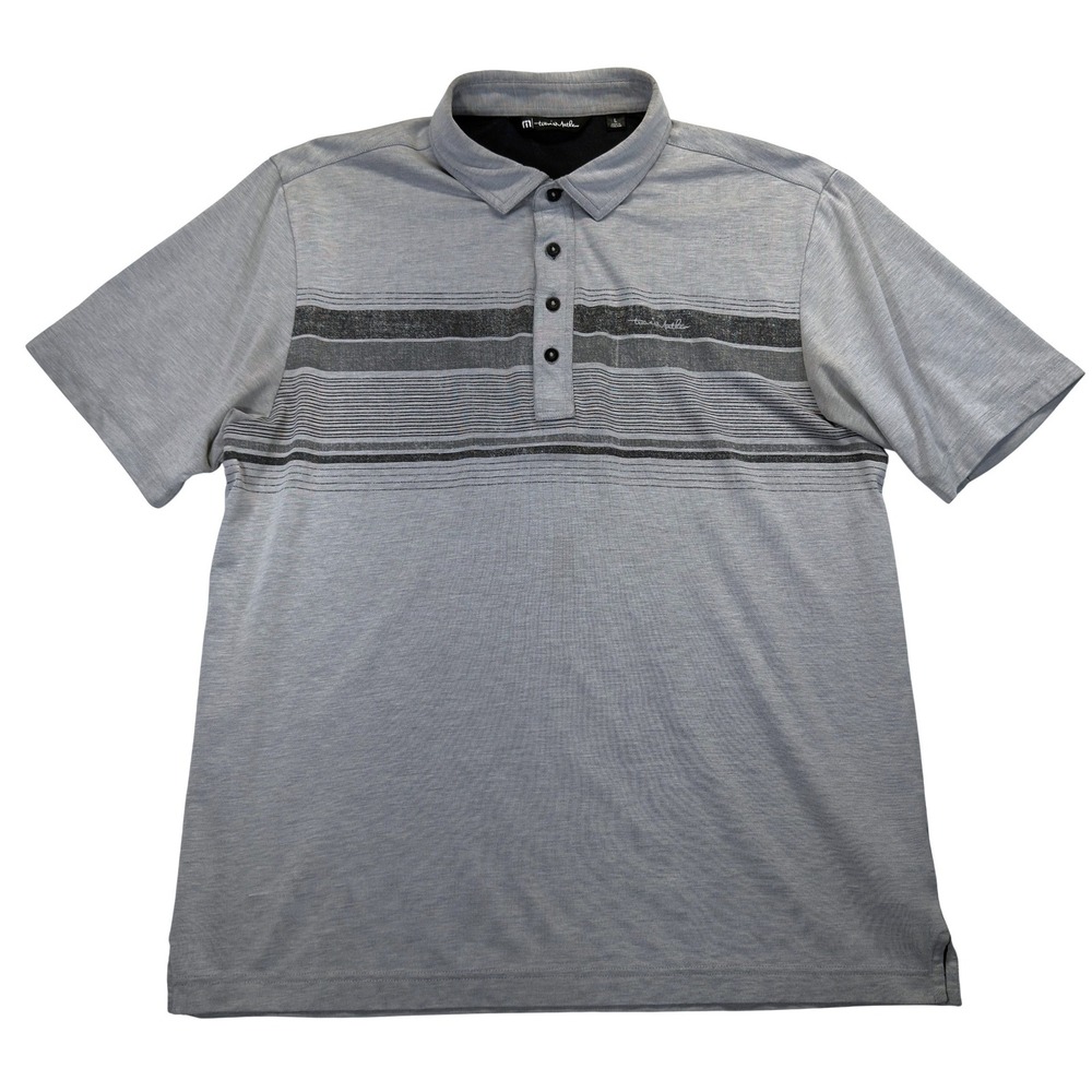 Travis Mathew Mens L Gray Black Striped‎ Cotton Blend Golf Polo Shirt Logo